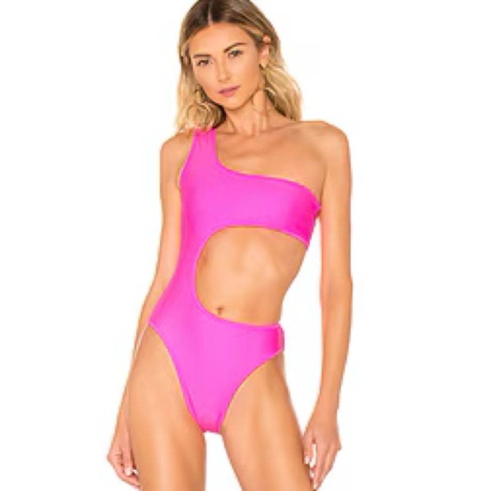 ElleJay Kristin Neon Pink One-Shoulder Cutout Swimsuit